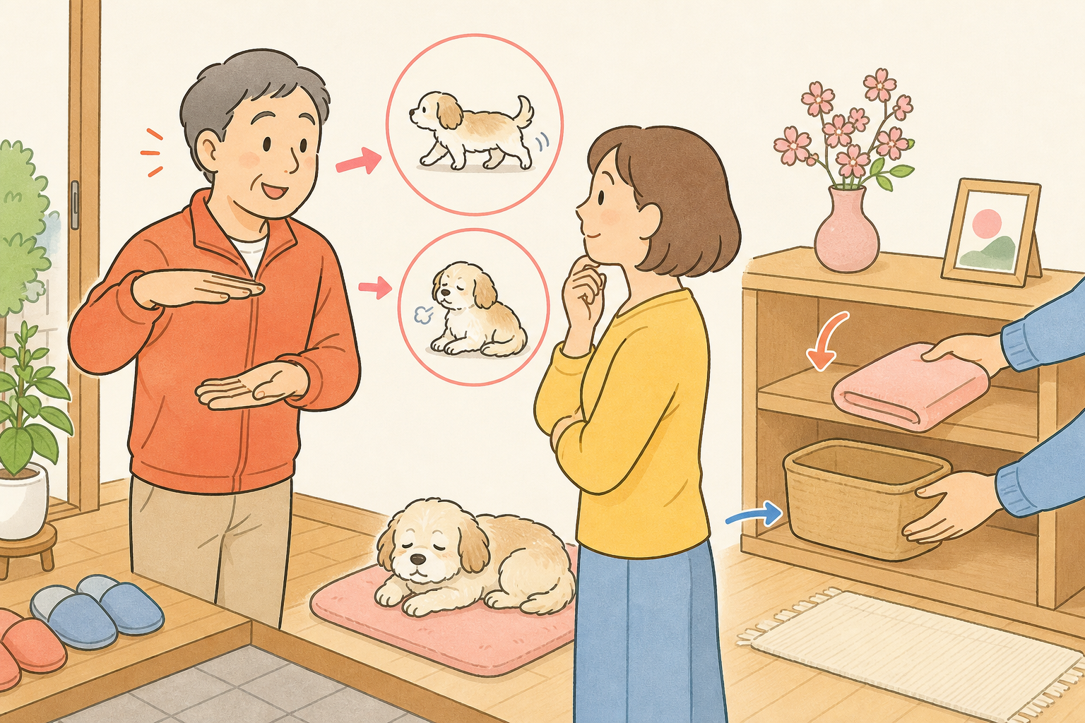 散歩後の様子を家族で短く引き継ぎ、タオルを定位置に戻す手描きの説明イラスト
