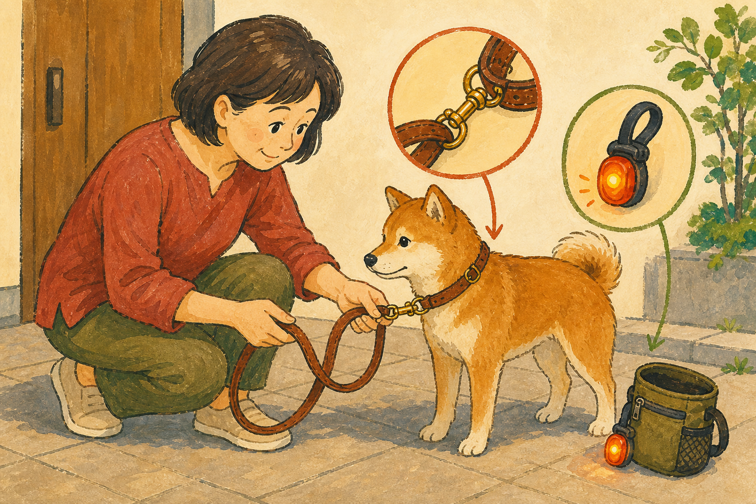 玄関前で革のリードとライトを確認する飼い主と犬