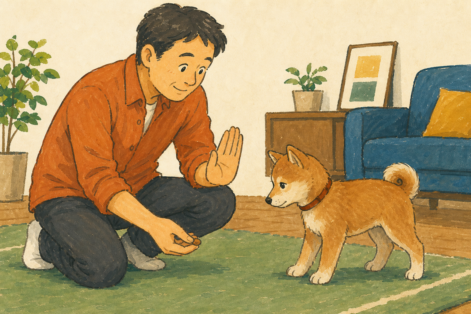 手元にごほうびを用意した飼い主が止まった子犬をすぐにほめる様子
