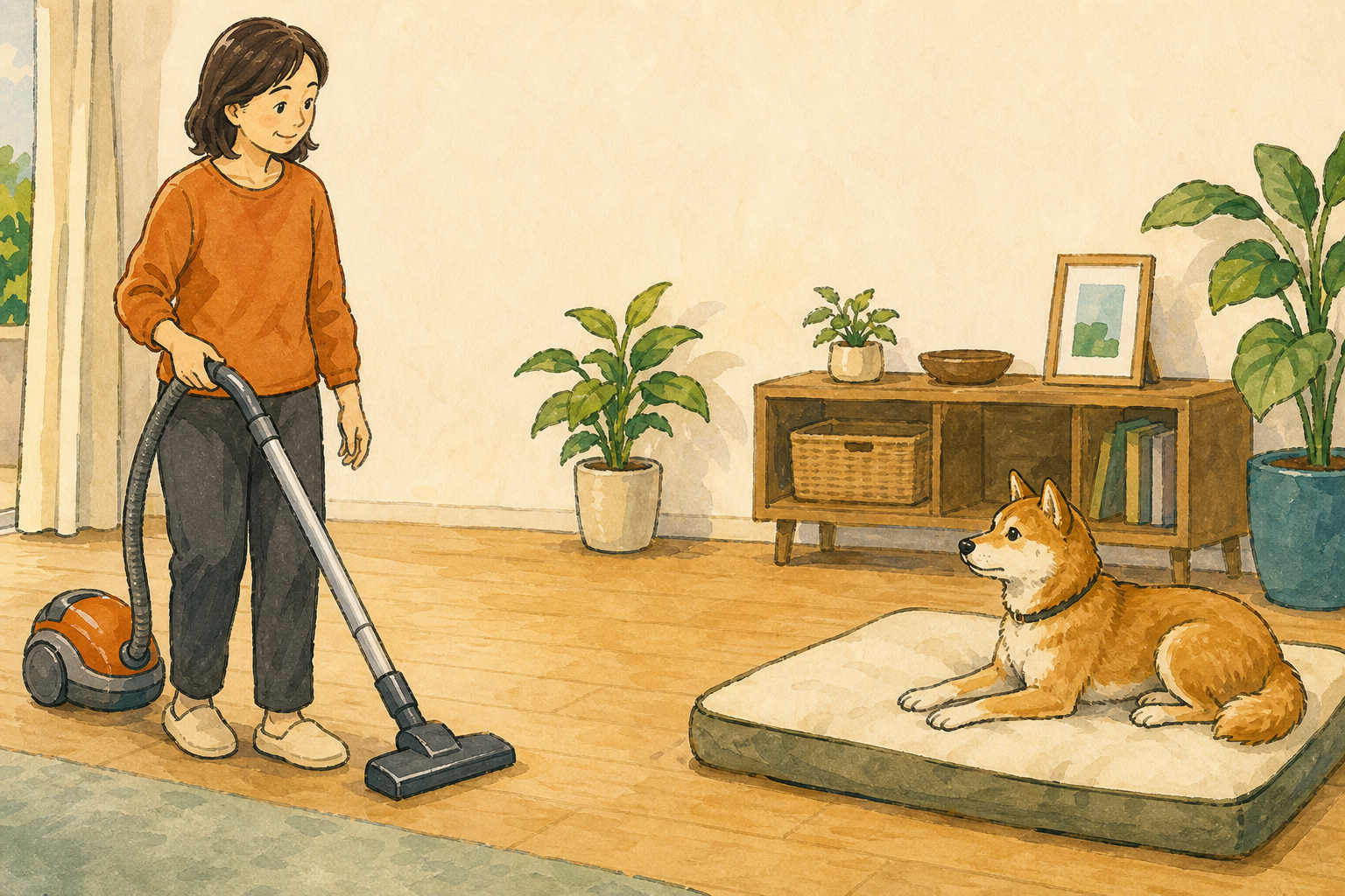 犬から距離を取って掃除機を置き様子を確認する飼い主