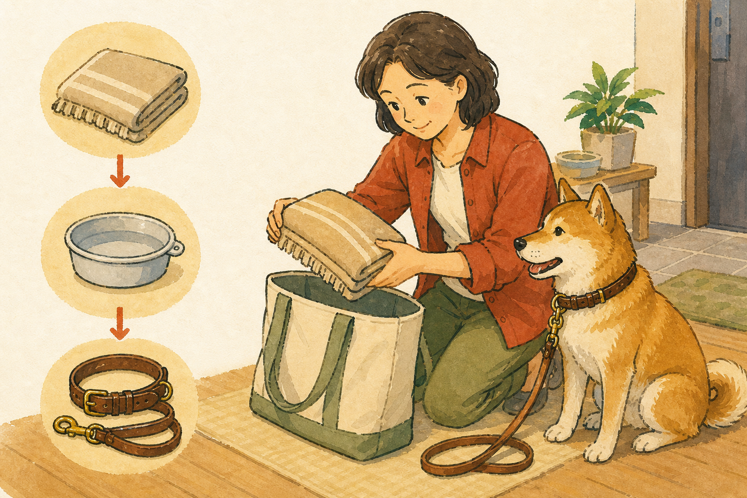 毛布、水の器、革の首輪とリードをバッグへ順に入れる飼い主と犬のイラスト