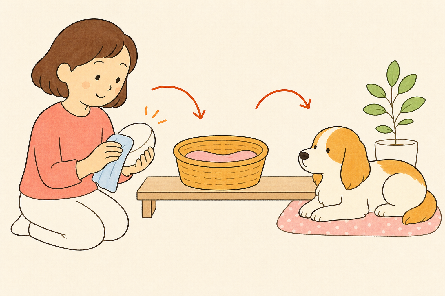 乾いた布で手入れをしてから収納かごへ戻す飼い主と、そばで待つ犬のイラスト