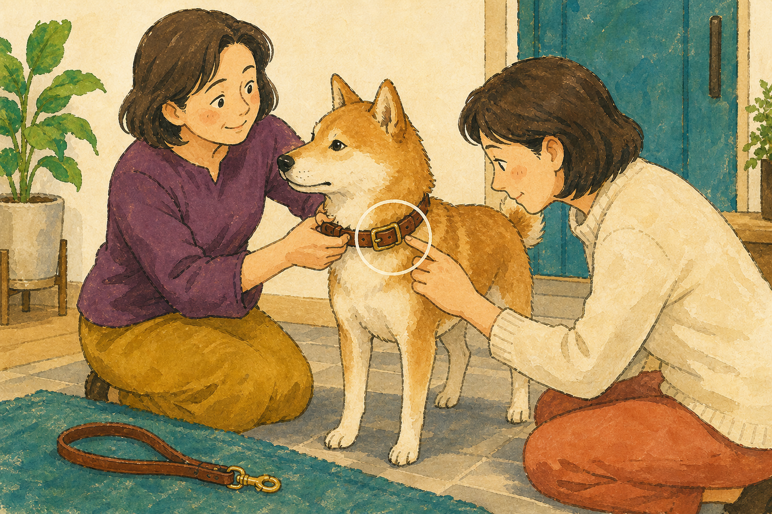 一人が犬に革首輪を着け、もう一人が横から留め具と首輪の位置を確認するイラスト