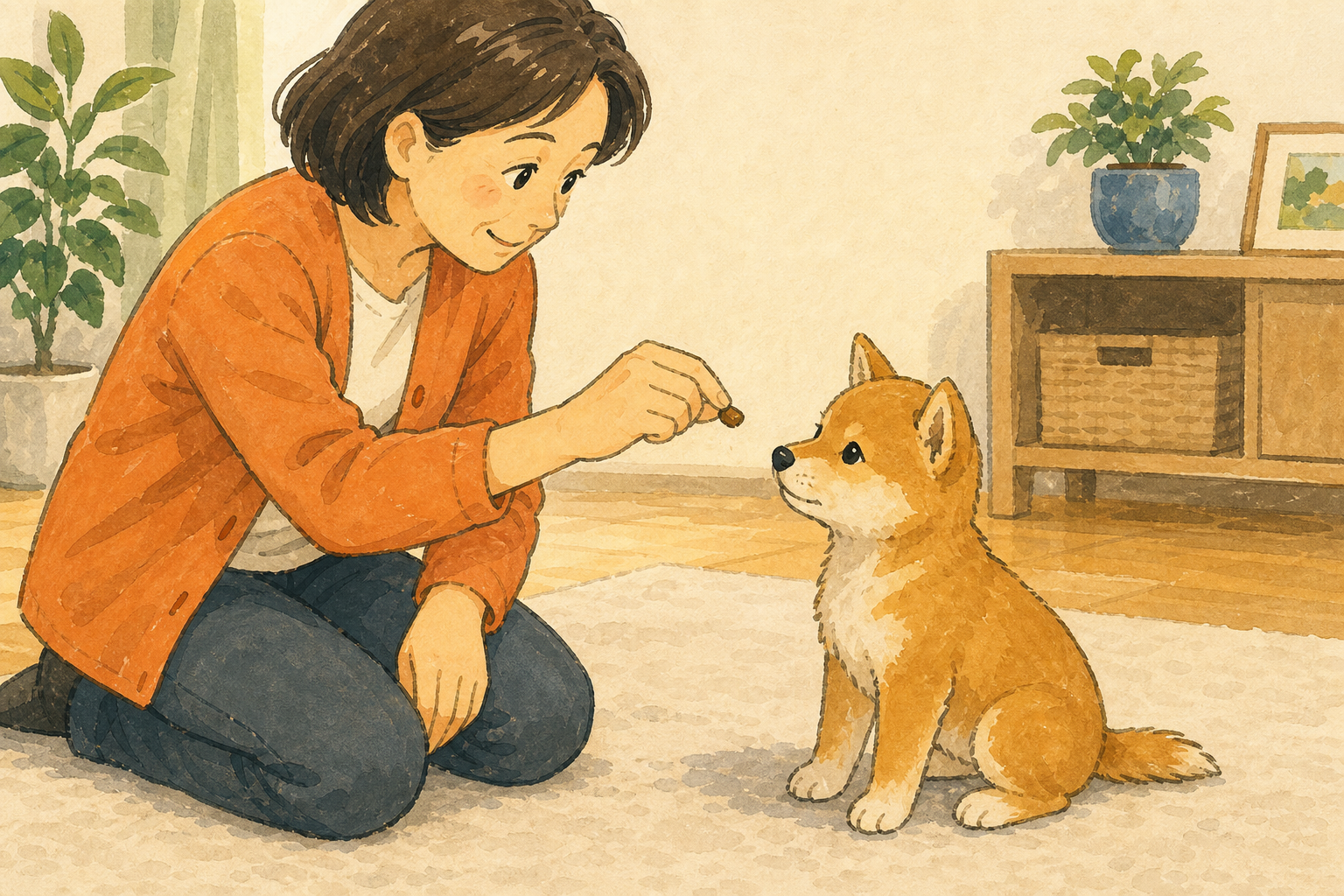 座った直後の子犬に飼い主がごほうびを渡す練習風景