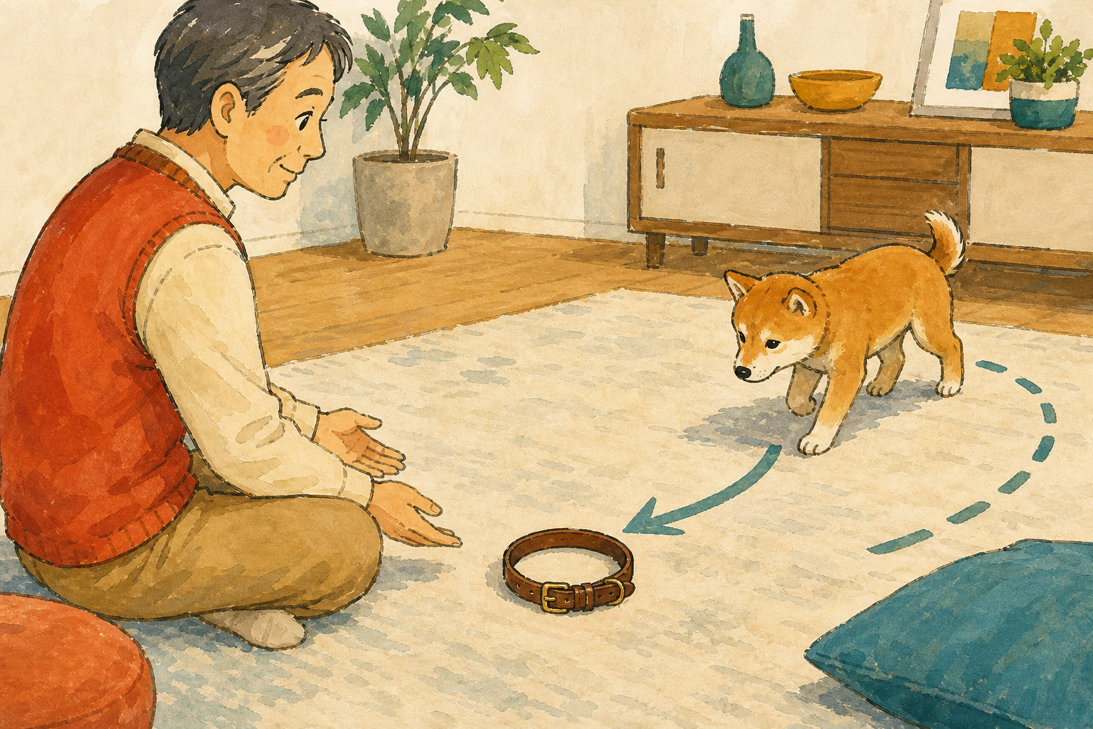 床に置いた革首輪へ、飼い主が見守る中で子犬が自分から近づくイラスト
