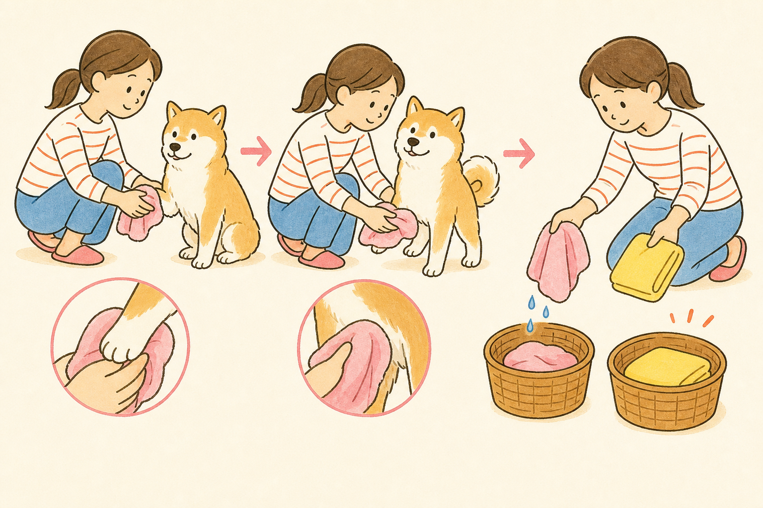 犬の足とお腹の毛を拭き、濡れたタオルと乾いたタオルを分ける流れを示したイラスト