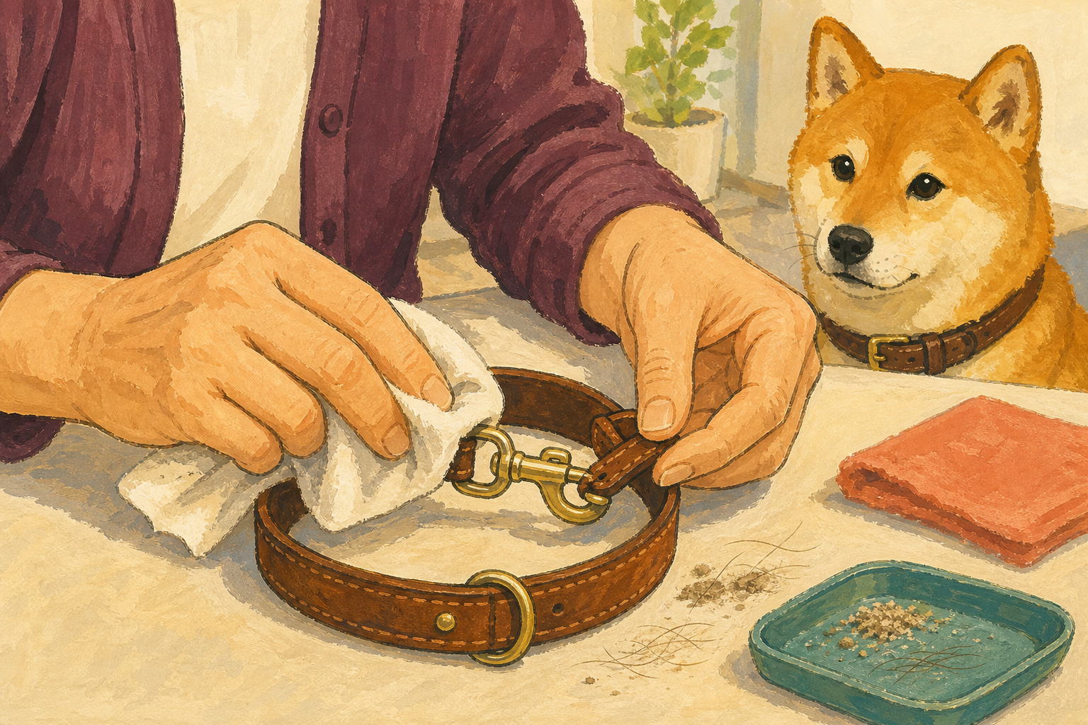 乾いた布で革首輪の金具まわりを拭いて確認する手元