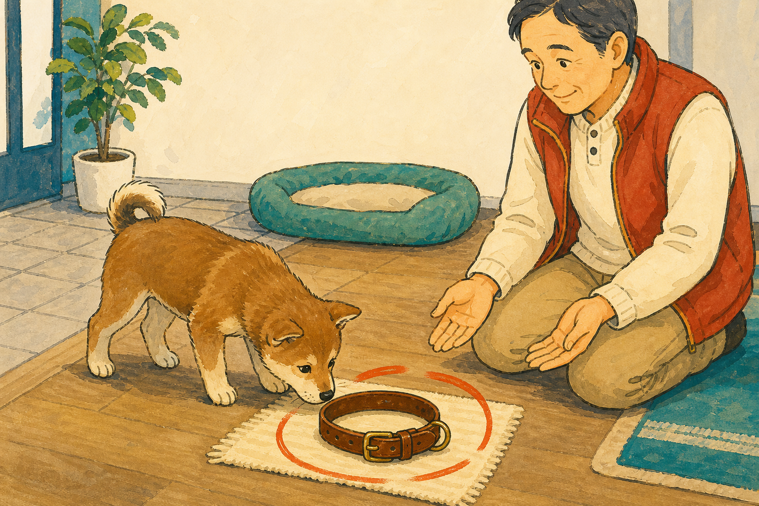 床に置いた新しい革首輪の匂いを嗅ぐ子犬を、飼い主さんが少し離れて見守る様子
