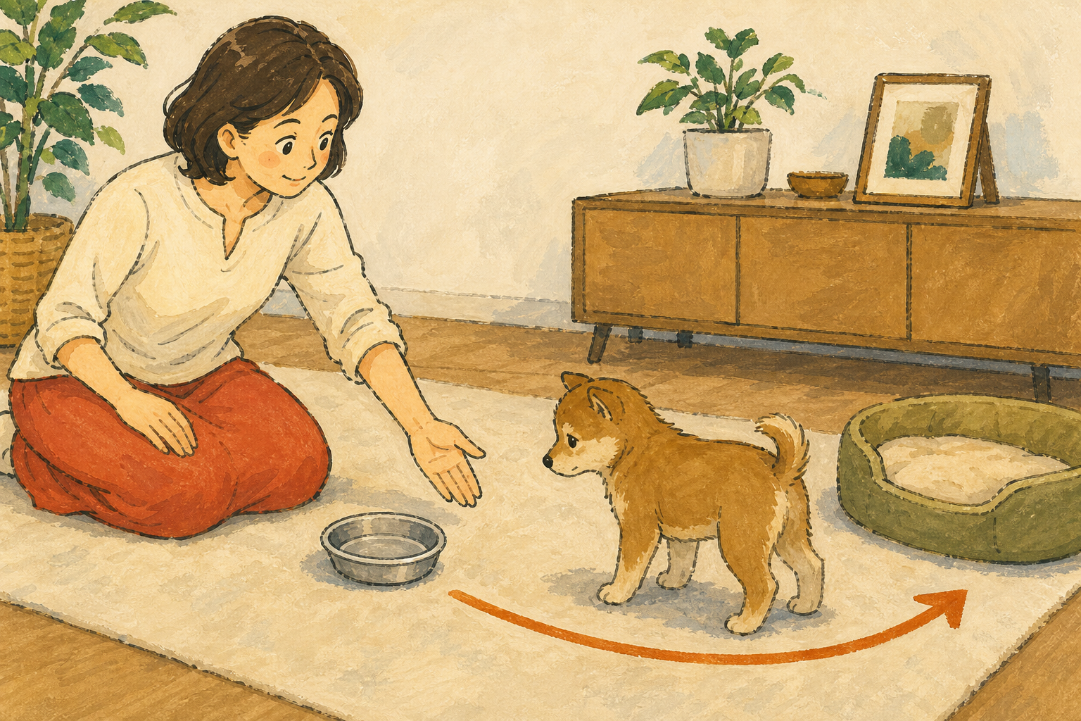床に置いた新しい物から子犬が自由に離れられるよう、飼い主さんが距離を取って待つ様子