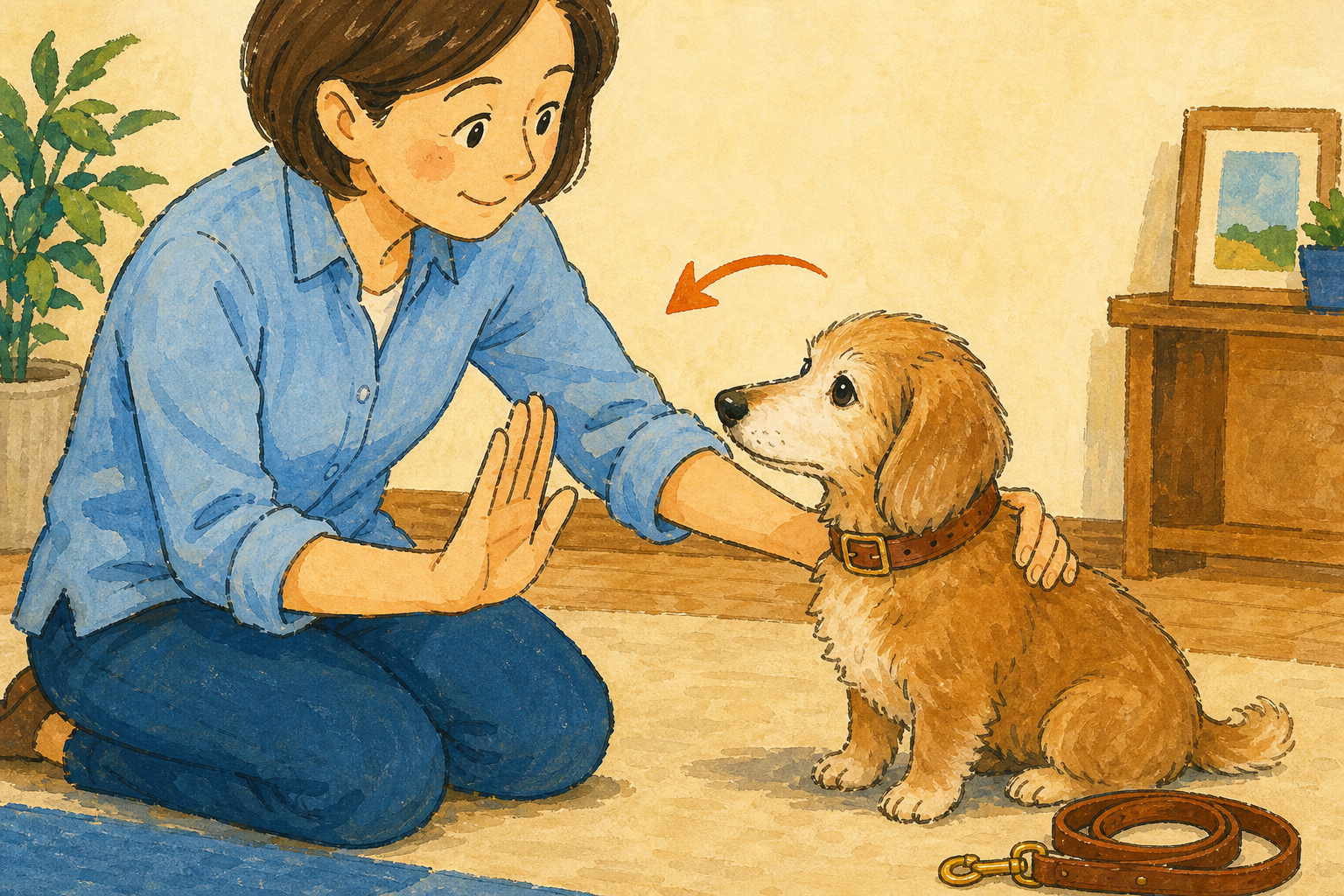 革首輪を着けた小型犬が飼い主の手を見てから肩に触れられる手順のイラスト