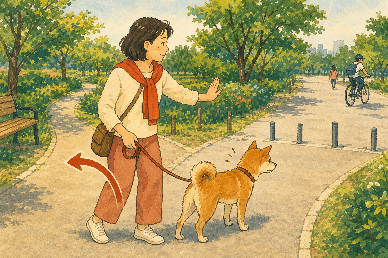 若い犬の反応を見て静かな方向へ戻る飼い主と犬