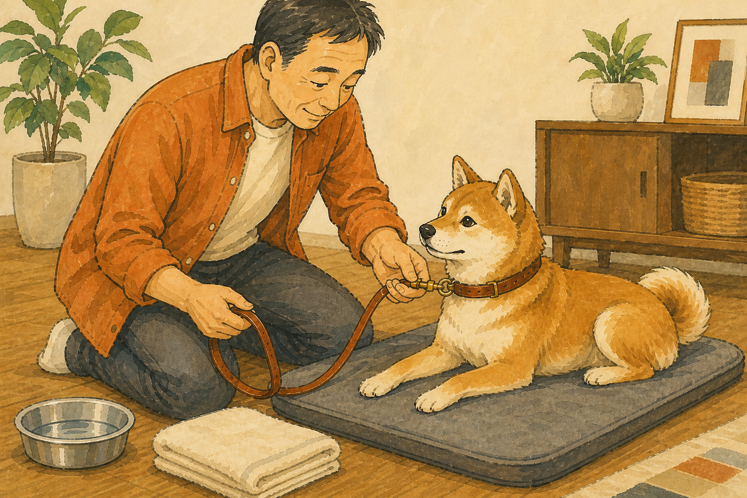 敷物の上で犬を休ませながら革のリードを確認する飼い主