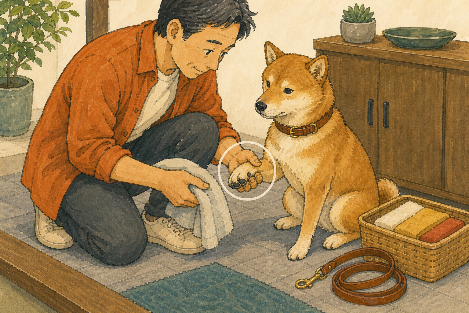 犬の肉球の間を確認しながらタオルで足を拭く様子
