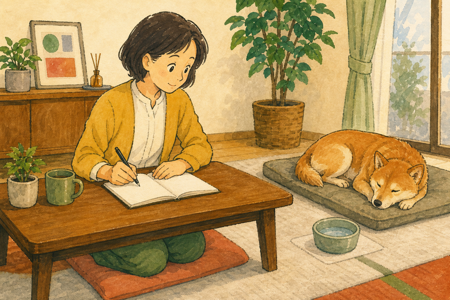休む犬を起こさず家族が記録を残している様子