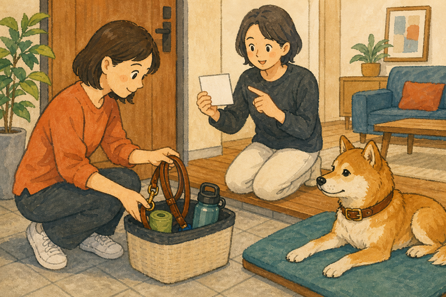 散歩用品のかごへ革リードを戻し、共有メモを確認する家族と休む犬