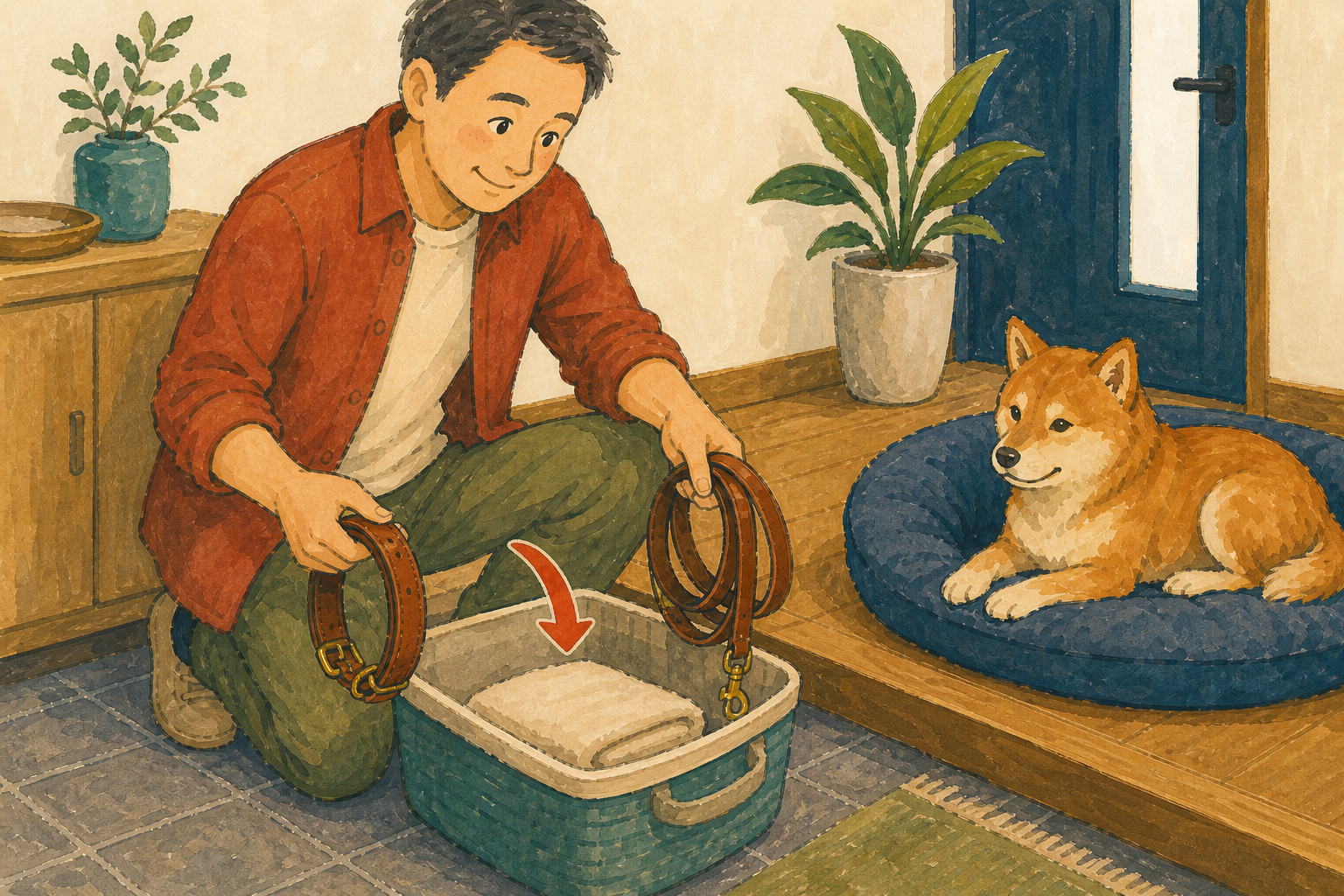 飼い主が革首輪と革リードをタオルと一緒に収納かごへ戻し、犬がベッドで休むイラスト