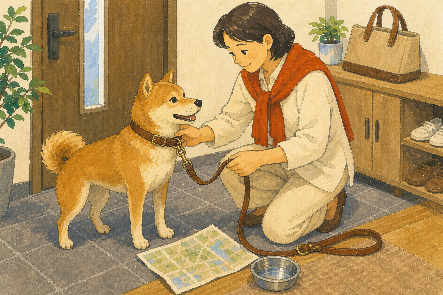 玄関で犬の首輪とリードを順番に点検する飼い主