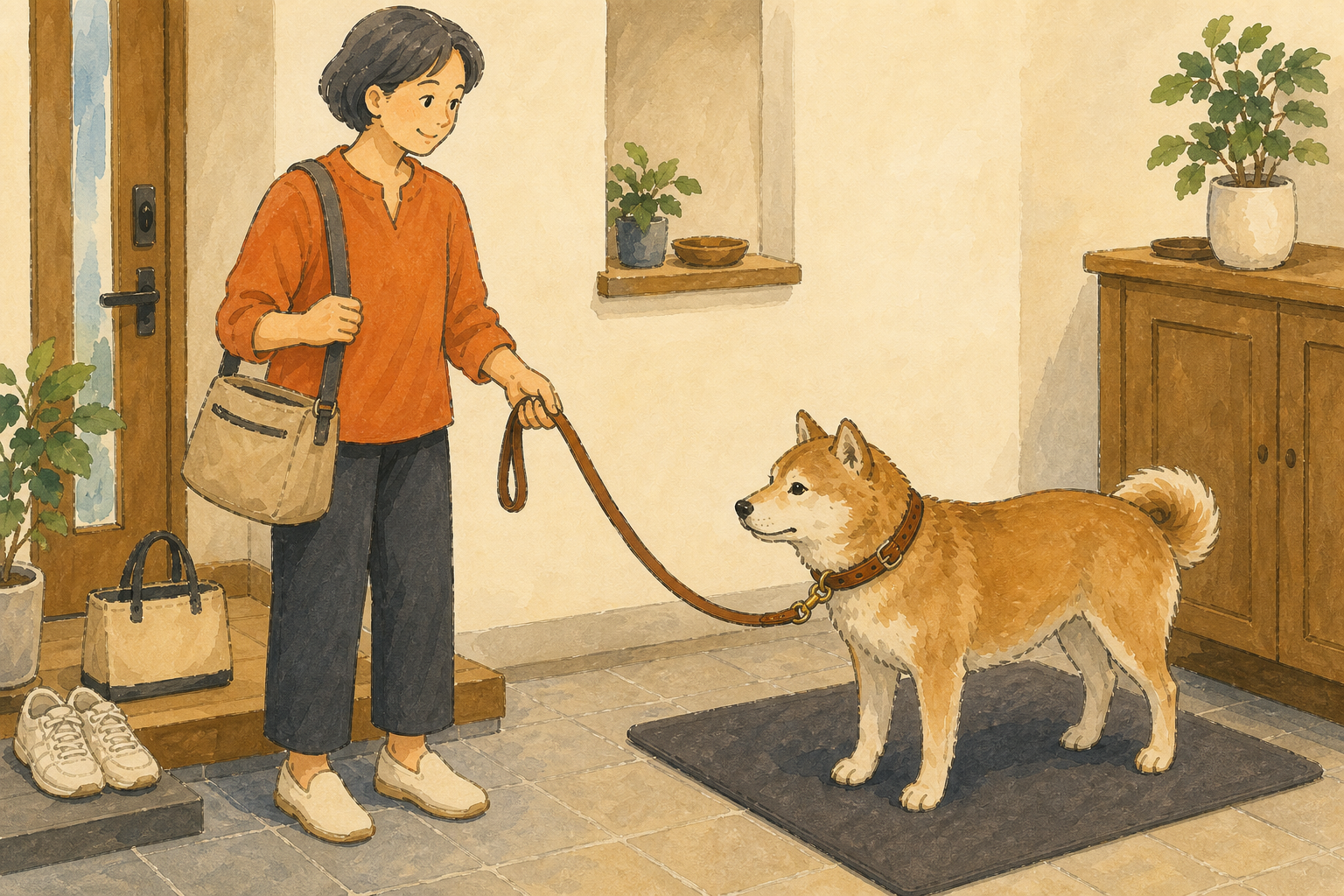 散歩用品を先に整え、シニア犬をマットの上で待たせず首輪とリードを準備する玄関の様子