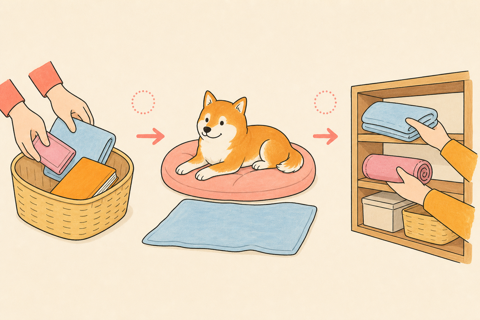 通院やトリミングの前後に持ち物をまとめ、乾かして元の場所へ戻す流れのイラスト