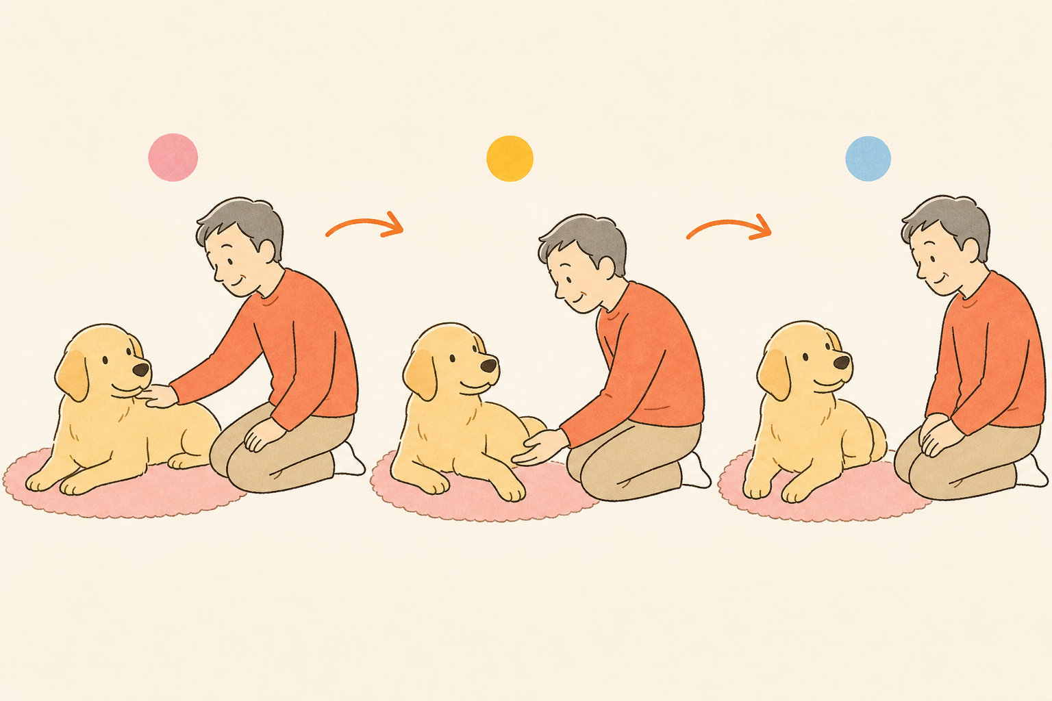犬の肩に触れてから前足を短く確認し、床へ戻す流れを示す手描き風イラスト