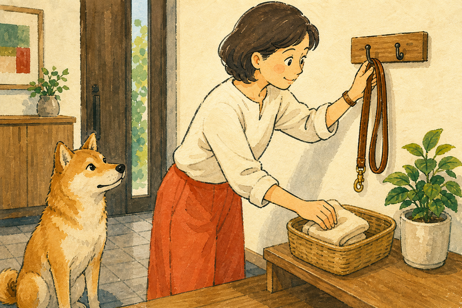 散歩後に革のリードをフックへ戻し、タオルをかごへ入れる飼い主と犬