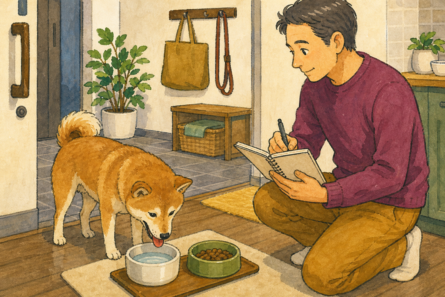 ノートに記録しながら帰宅後の犬を観察する飼い主