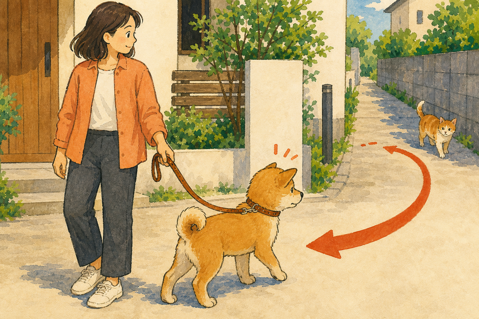 散歩前に革のリードを持ち子犬と横へ移動する方向を確認する飼い主