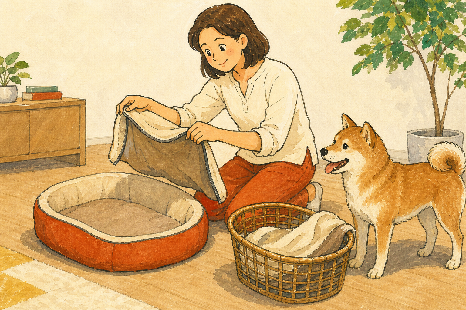 犬のベッドカバーを外して洗濯かごに入れる飼い主