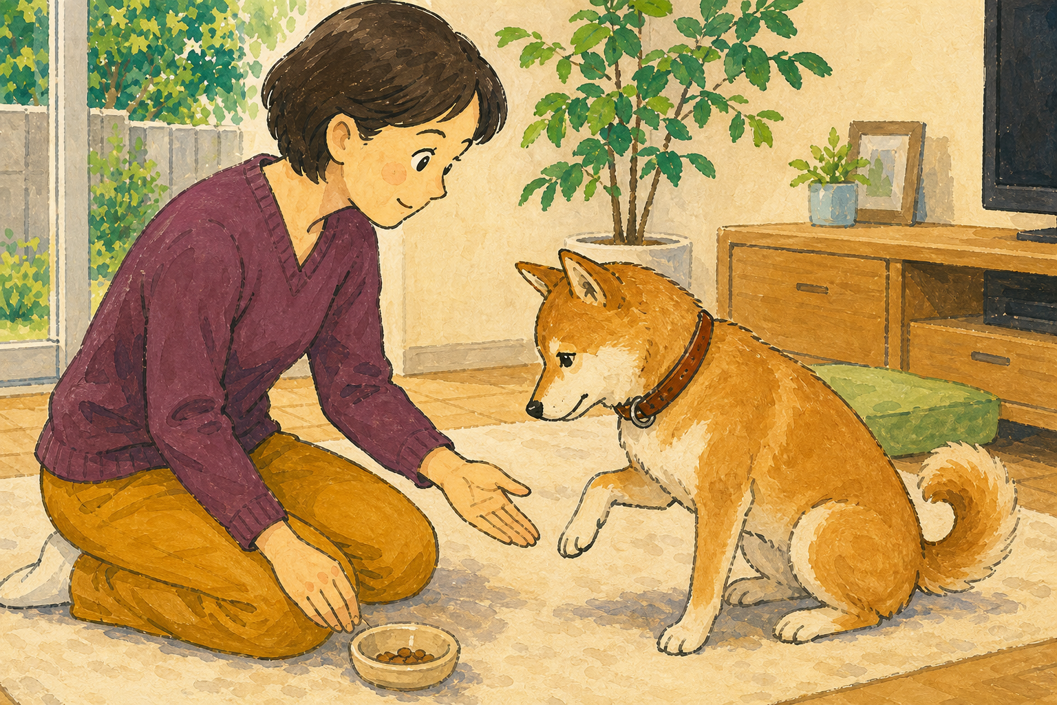 低い手の合図に犬が反応し、飼い主が褒める練習の場面