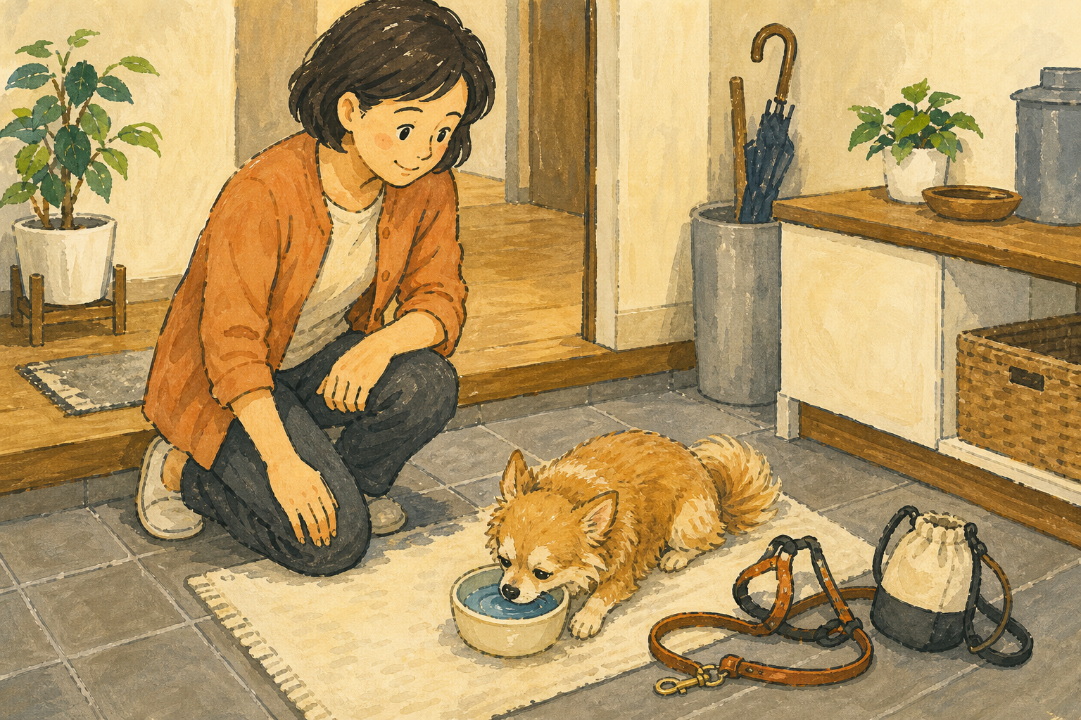 散歩後に休む小型犬の様子を飼い主が静かに確認している室内