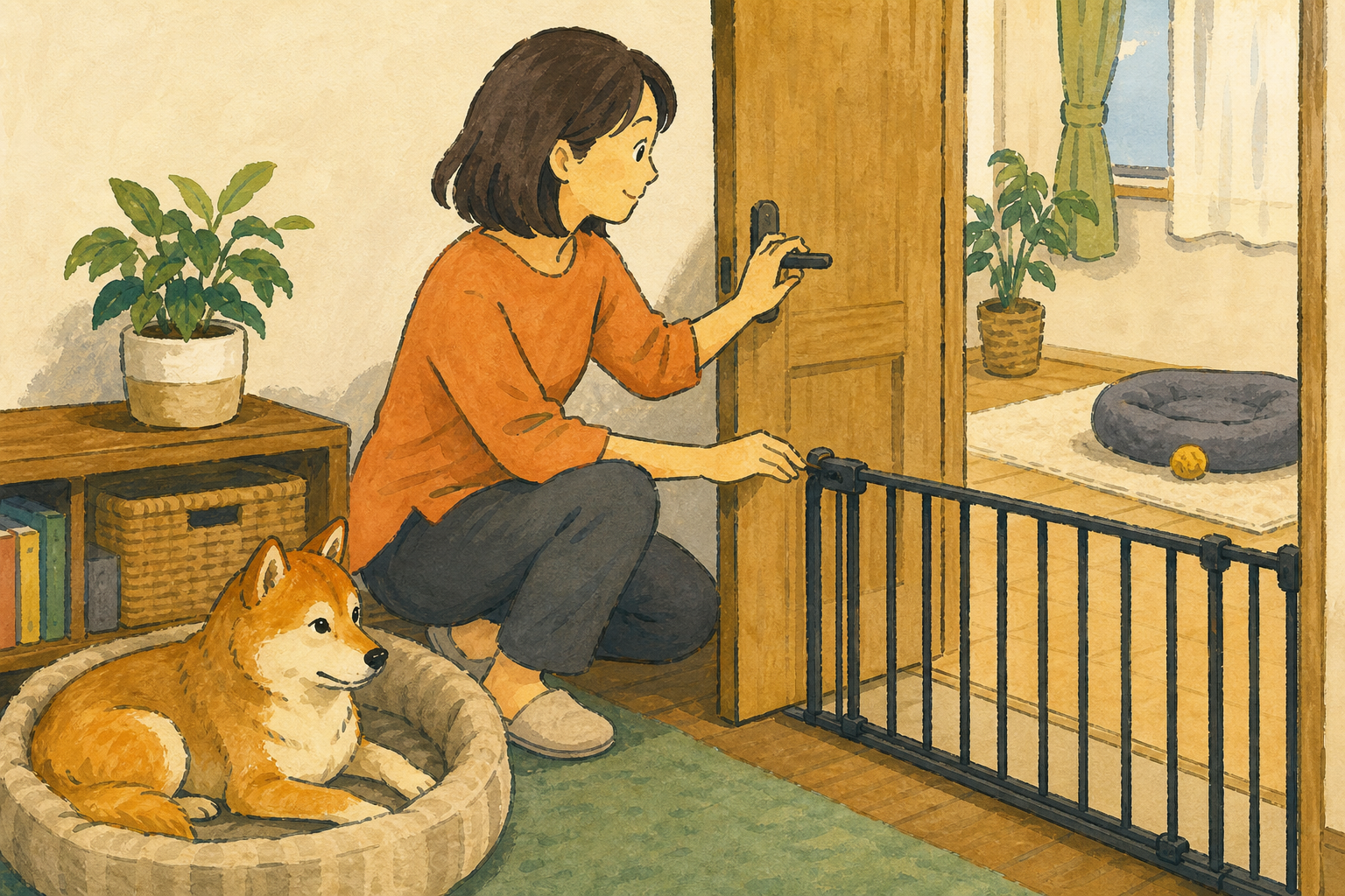 飼い主が室内の扉を使って犬の留守番範囲を確認する様子