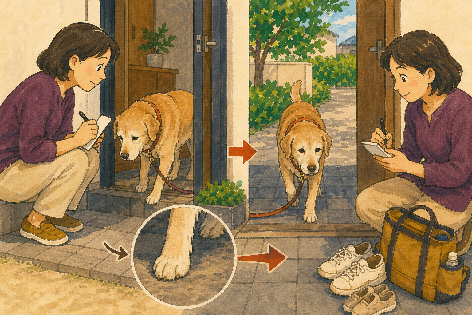 散歩前後のシニア犬の歩き方を観察する飼い主