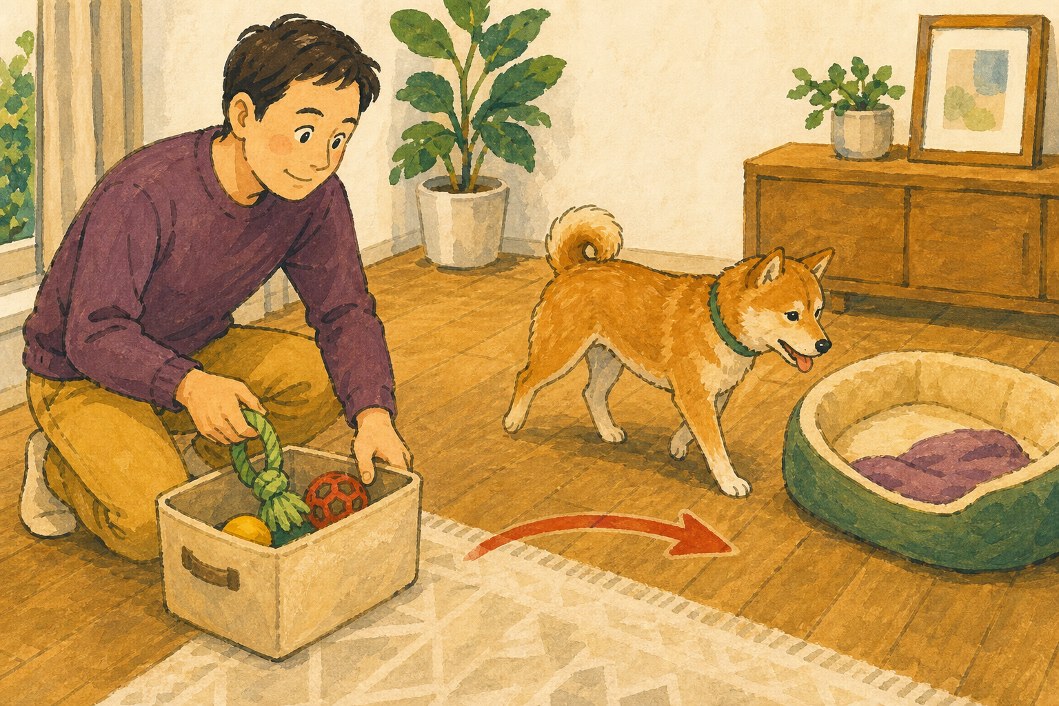 飼い主がおもちゃを片づけ、犬が寝床へ向かう様子