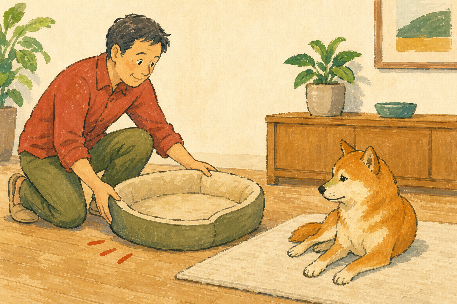飼い主が犬のいつもの休み場所の近くへベッドを移し、犬が自由に選べるようにしている