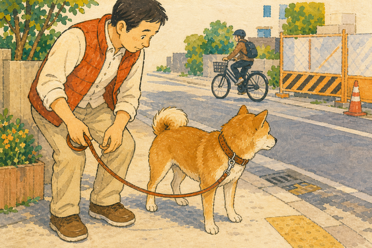 立ち止まった犬を引っ張らず足元と周囲を確認する飼い主