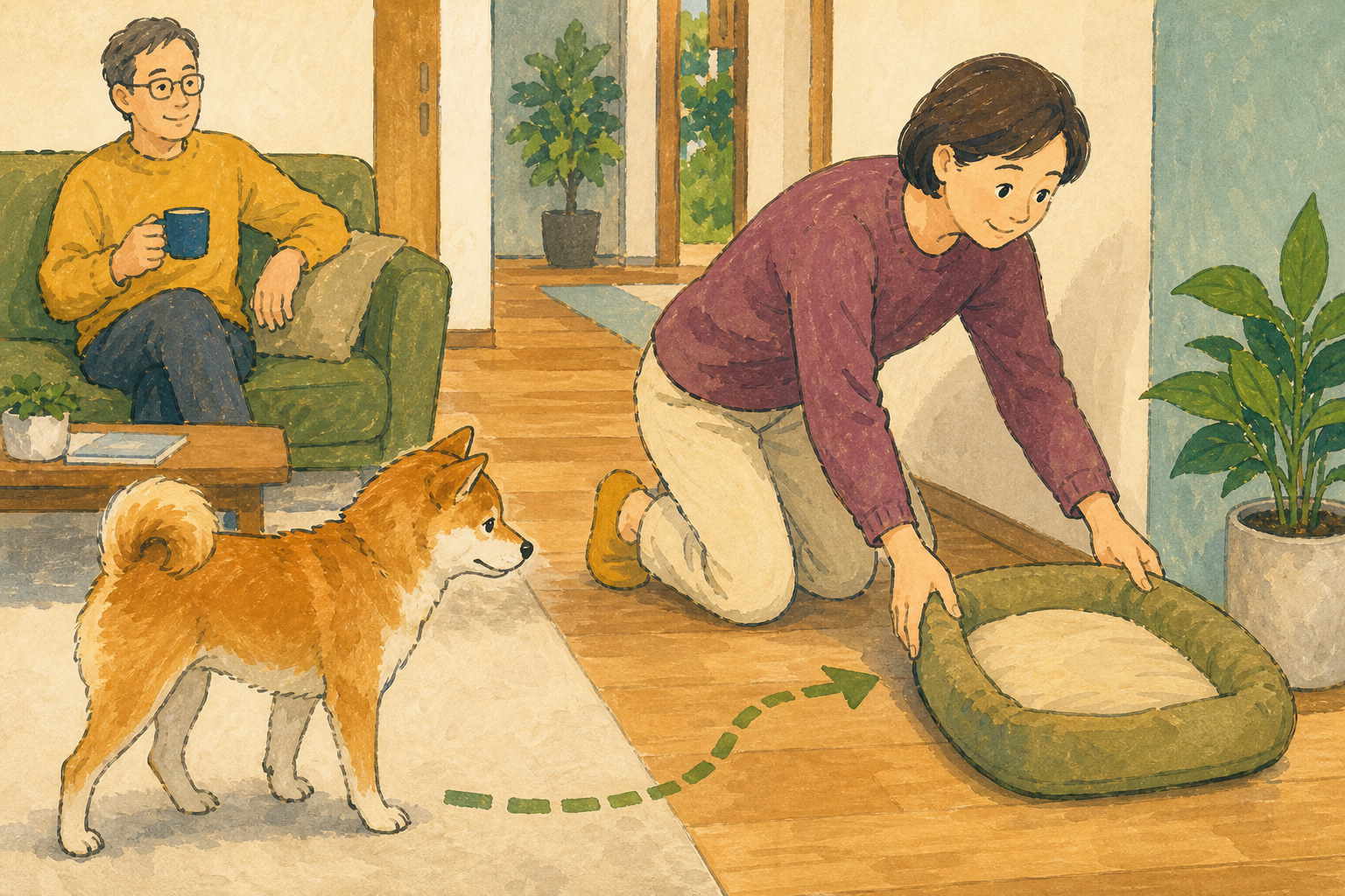 飼い主が通り道を避けて寝床を部屋の端へ移し、犬が自分で近づけるようにしている様子