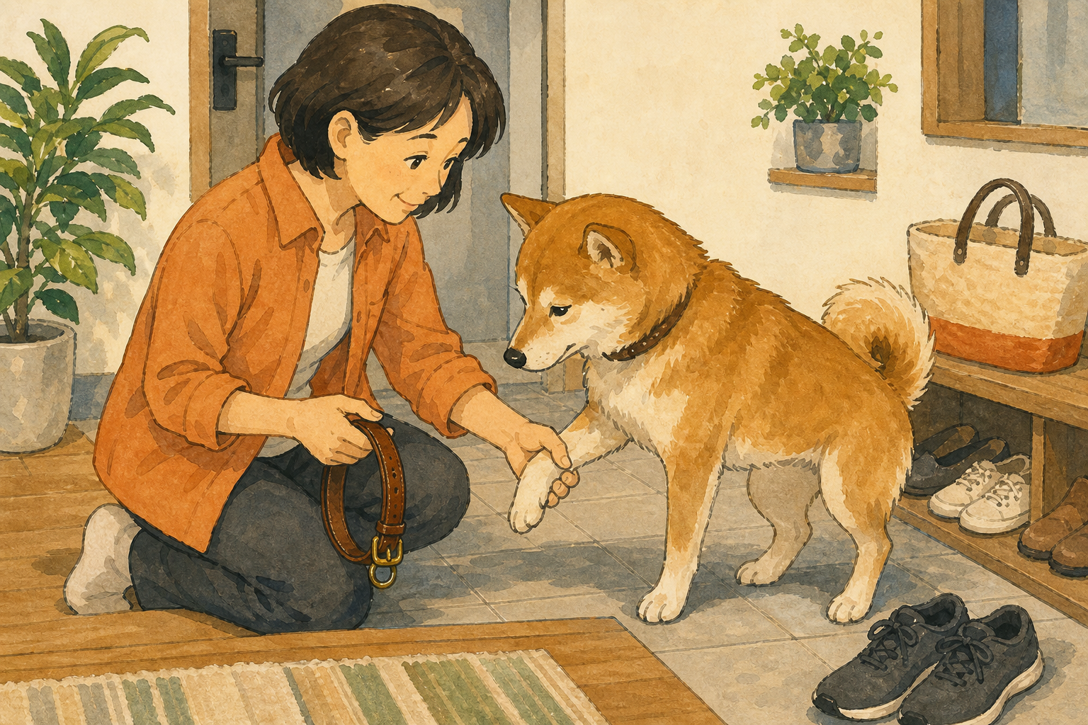 帰宅後に飼い主が犬の首元を見ながら外した革首輪の状態を確認している場面