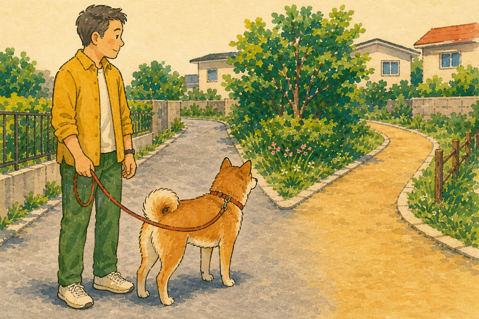 散歩道の分岐で犬を急かさず進む方向を見守る飼い主