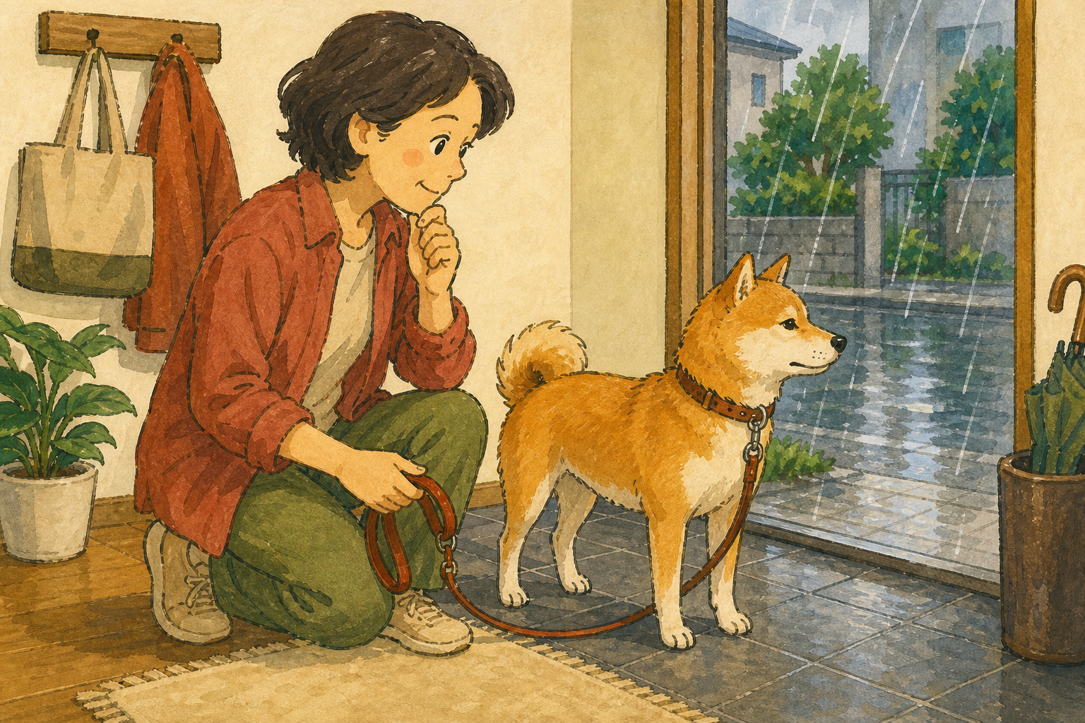 散歩前に犬の様子と天候を確認して出発時間を選ぶ飼い主