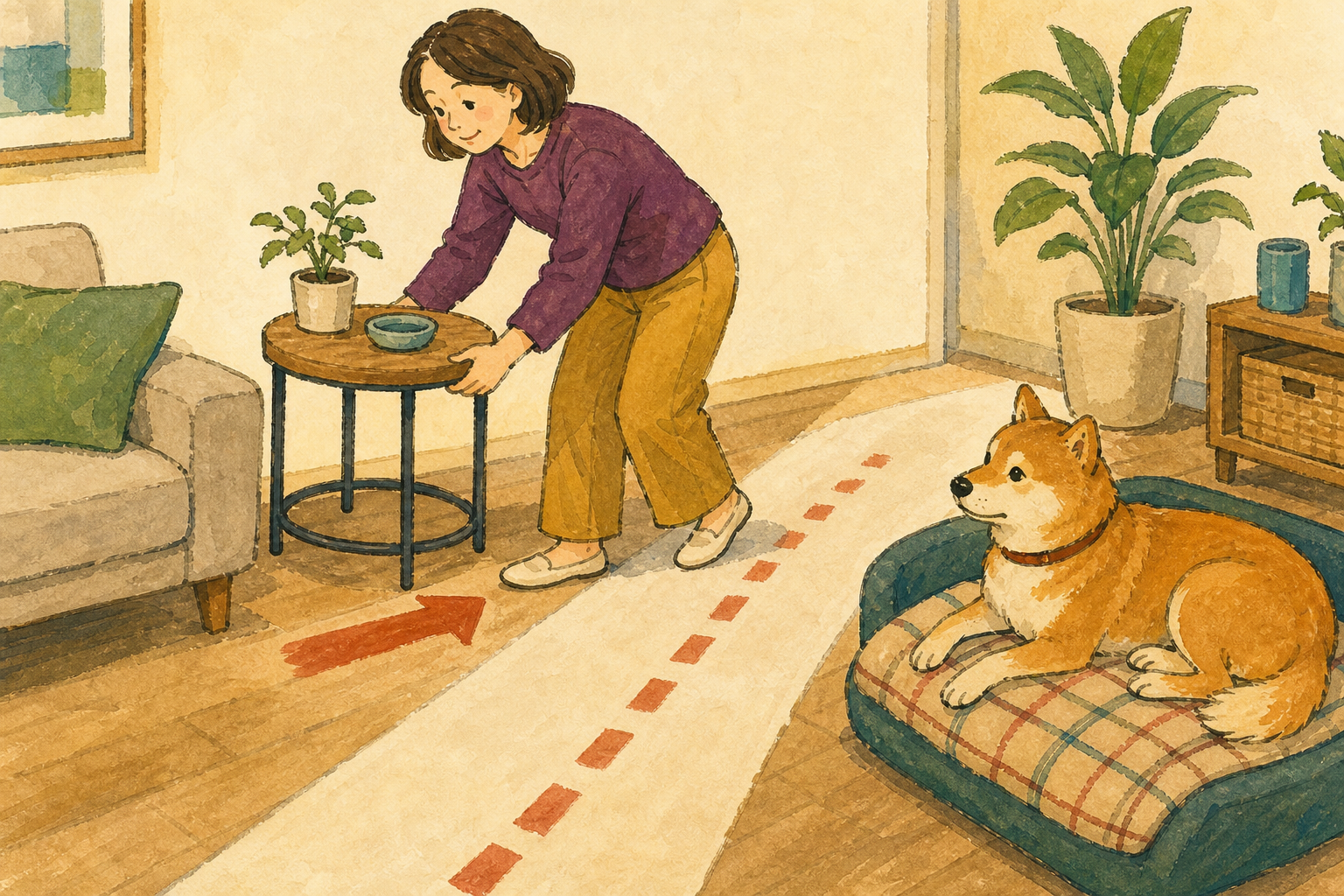飼い主が犬の寝床のそばの小さな家具を動かし、通り道を空けているイラスト