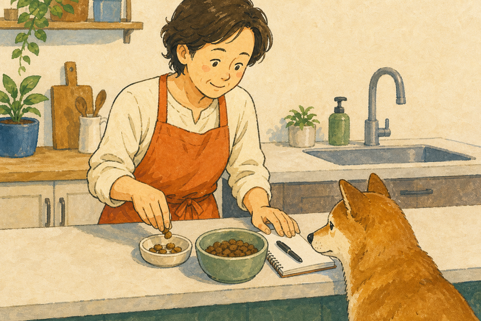 犬のおやつを一日分だけ小皿に取り分け、食事と記録を確認する飼い主