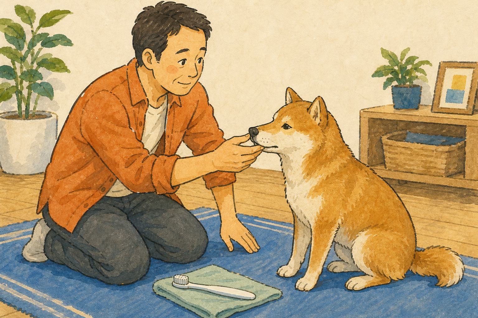 犬の口元に一度だけ触れて歯みがき練習を終える飼い主
