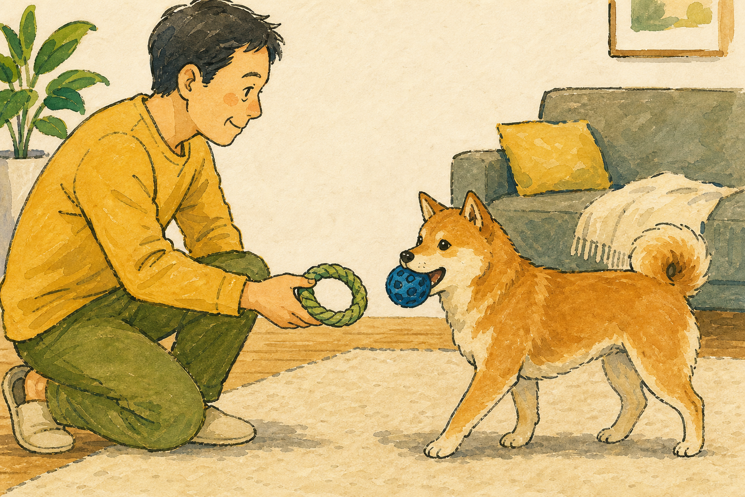 犬を追いかけず別のおもちゃと交換する練習の様子