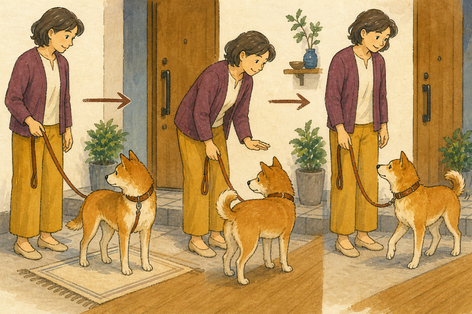 散歩前に犬との距離と反応を見ながら首輪を扱う飼い主