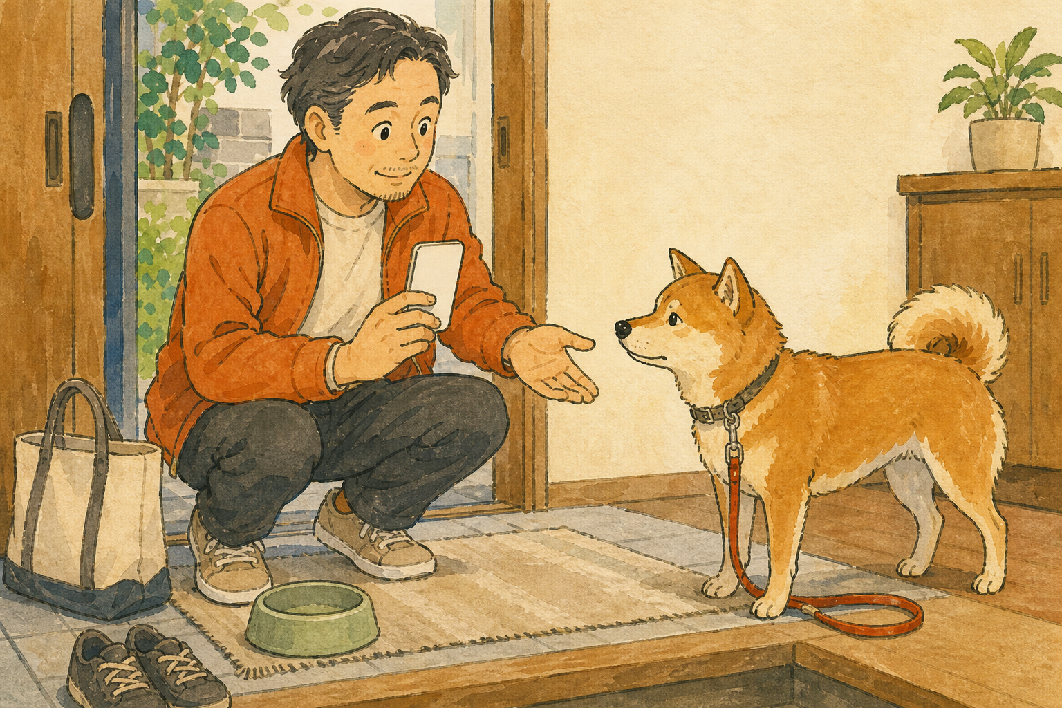 散歩前に小さな飼い方を試しながら犬の反応を見る飼い主