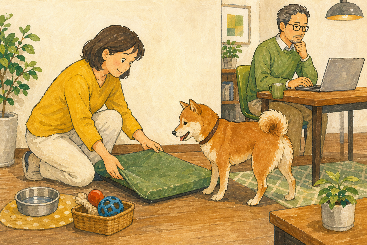 会議を始める前に飼い主が犬の休息場所を用意する様子