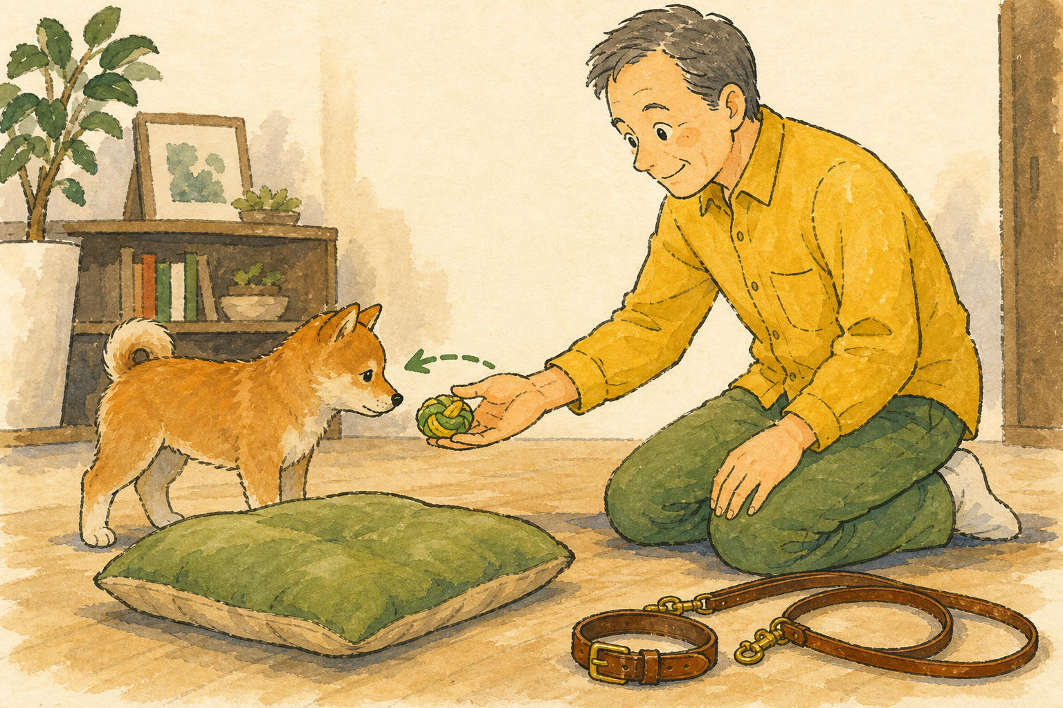 子犬に手を伸ばさず交換用のおもちゃを示す飼い主とクッションの様子