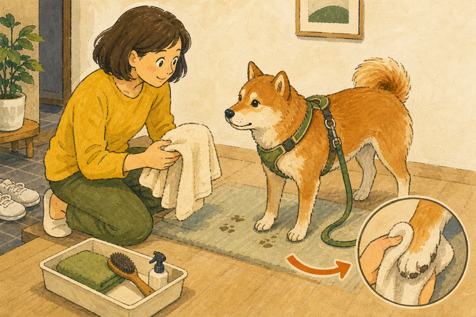 犬の足元を観察してからタオルで手入れする飼い主
