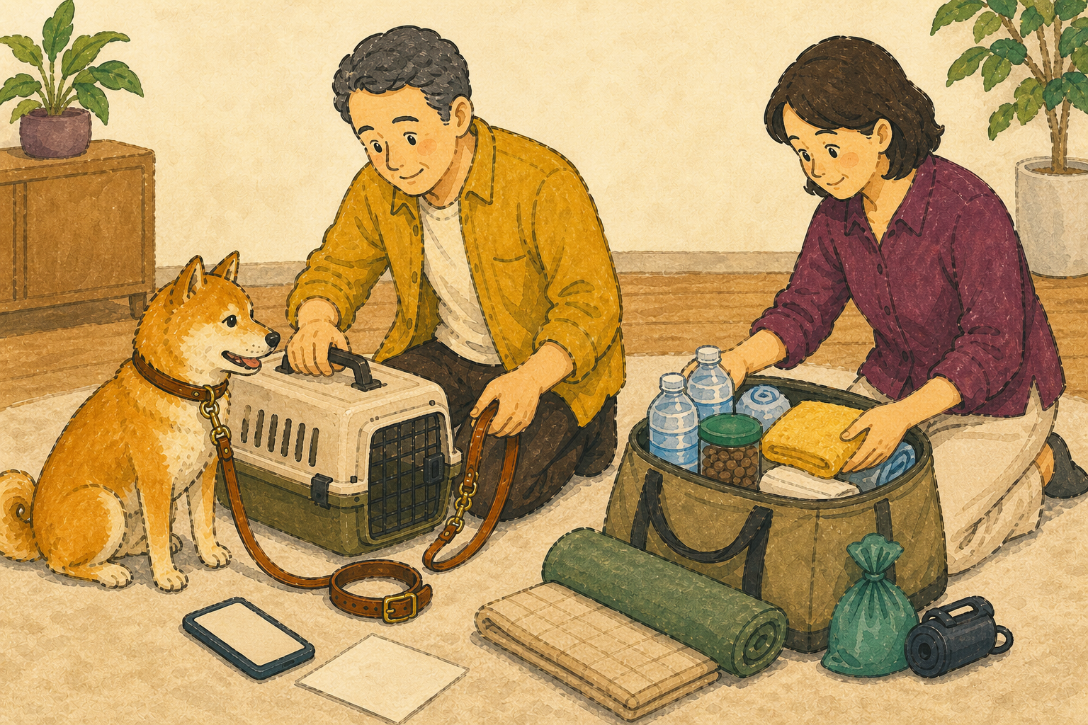 犬の移動用と滞在用の防災用品を分けて確認する飼い主