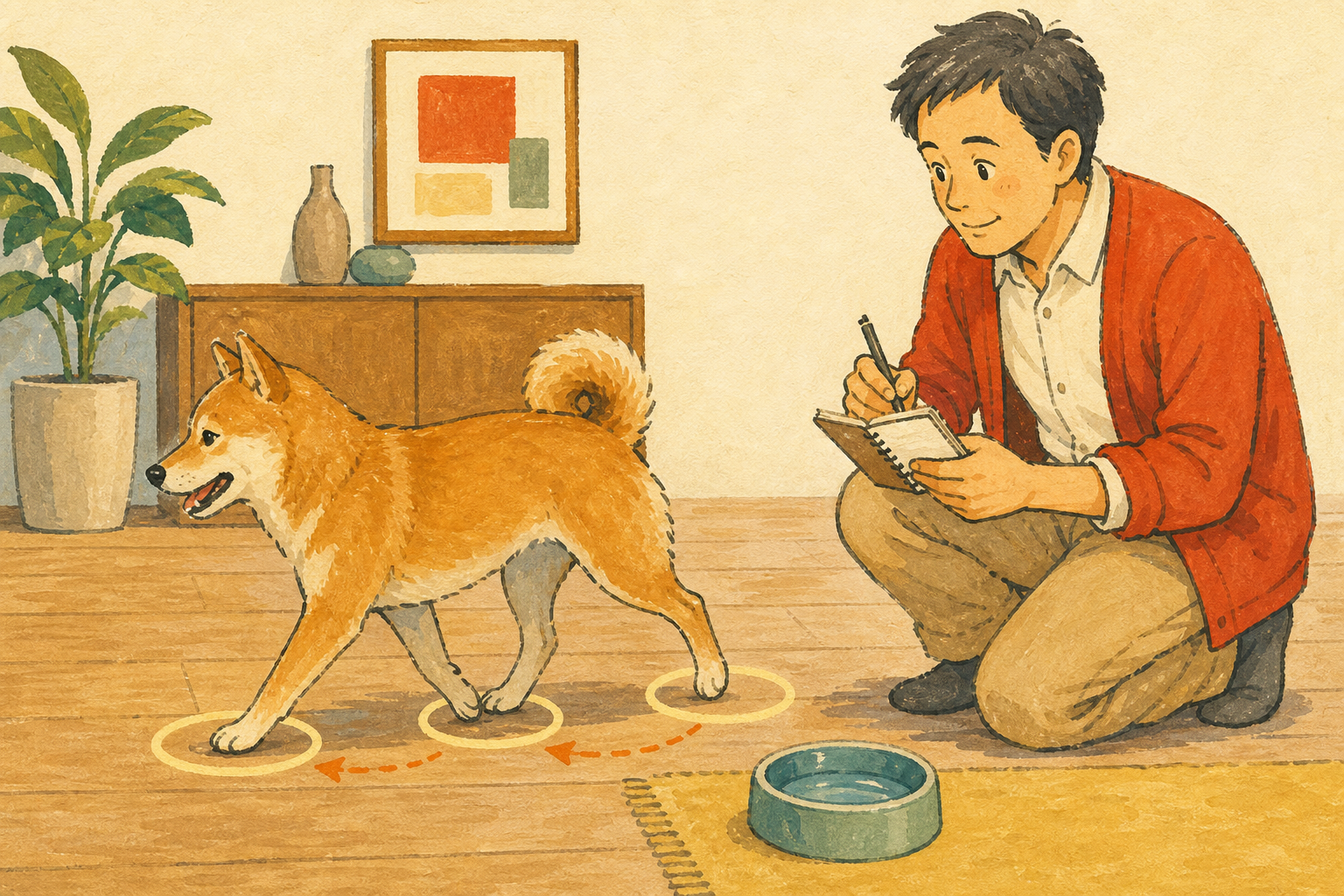 犬の歩き方を観察しながら変化をメモする飼い主